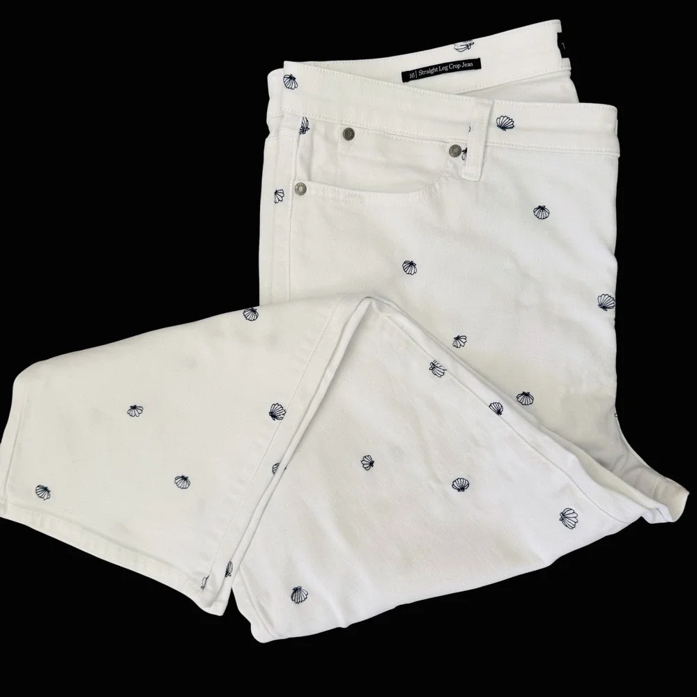 Talbots Crop Straight Leg Jeans White Sz 16 Embroidered Seashells Coastal Beachy